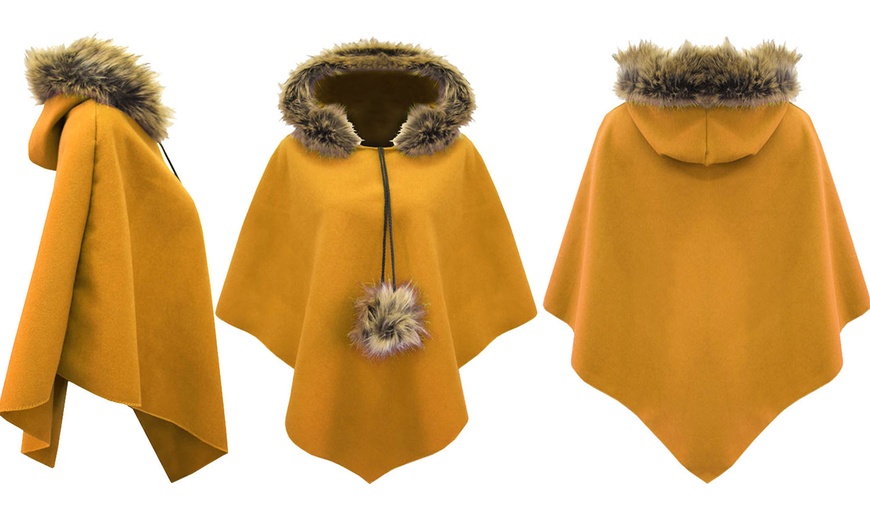 Image 5: Ladies Fur Trim Hooded Cape 