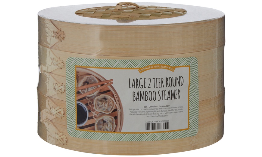 Image 1: Round Two-Tier Bamboo Steamer