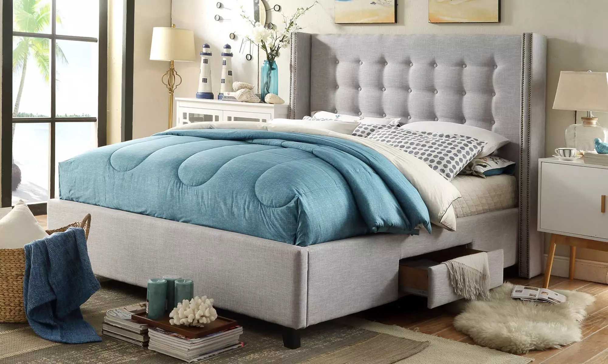 Darwin Linen Modern Contemporary Button Tufted Storage Bed  - Primary Image
