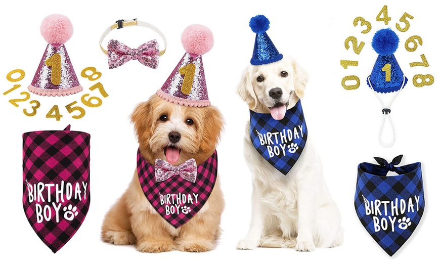 Image 1: Dog Birthday Bandana Scarf and Hat with Numbers