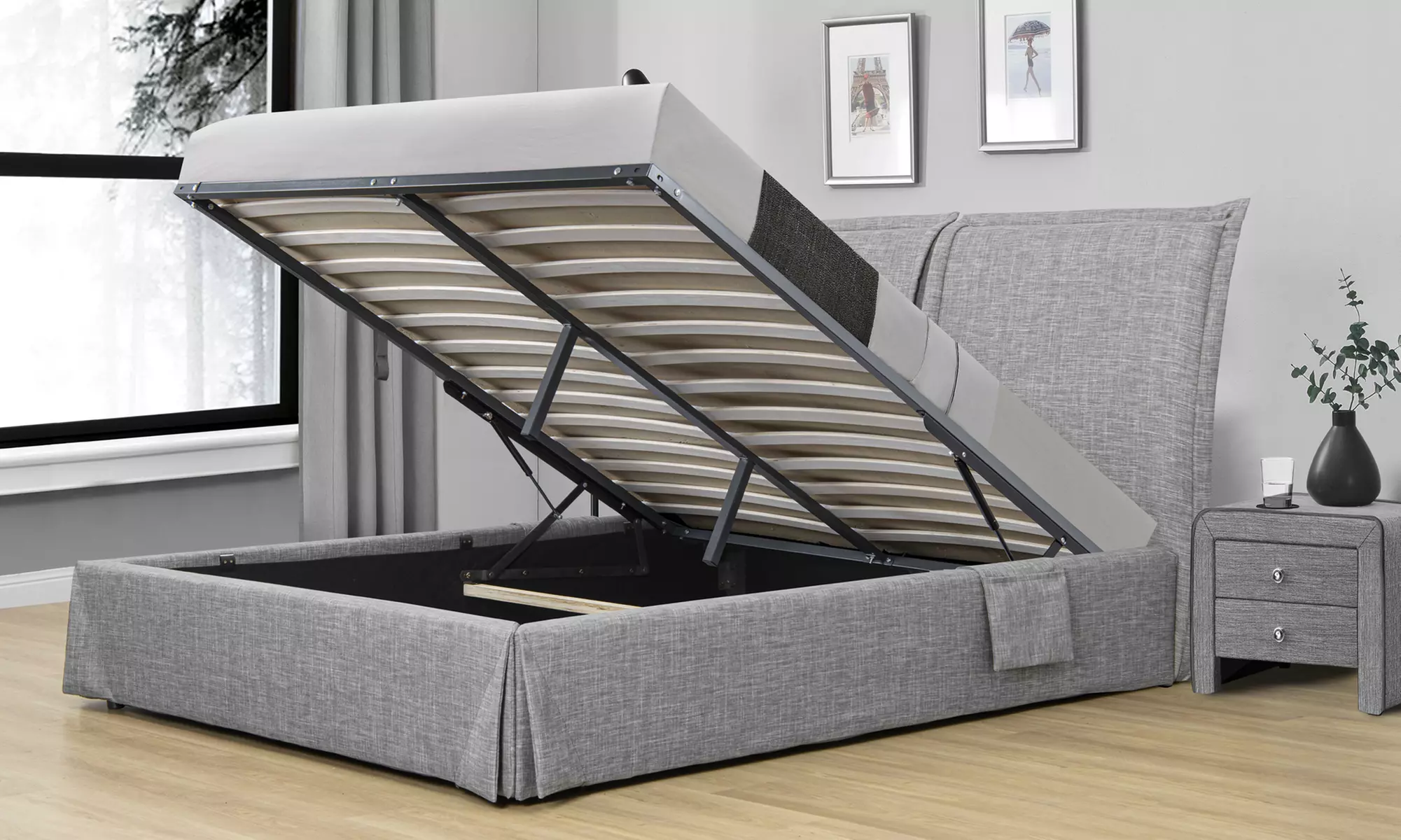 Lit coffre avec drapé et pochettes, matelas en option, livraison offerte - Primary Image