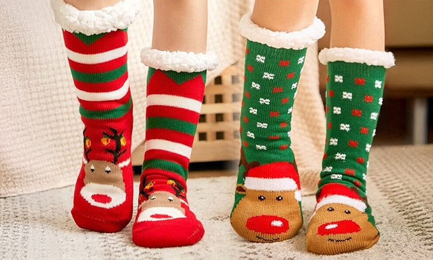 Image 1: Warm Winter Lined Christmas Slipper Socks