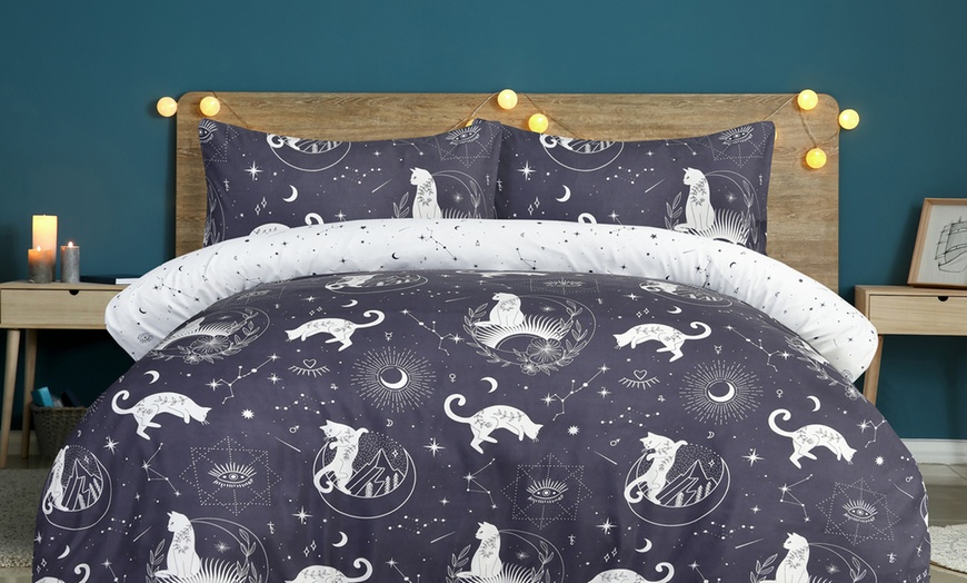 Image 1: Smart Living Reversible Celestial Cats Duvet Cover Set 