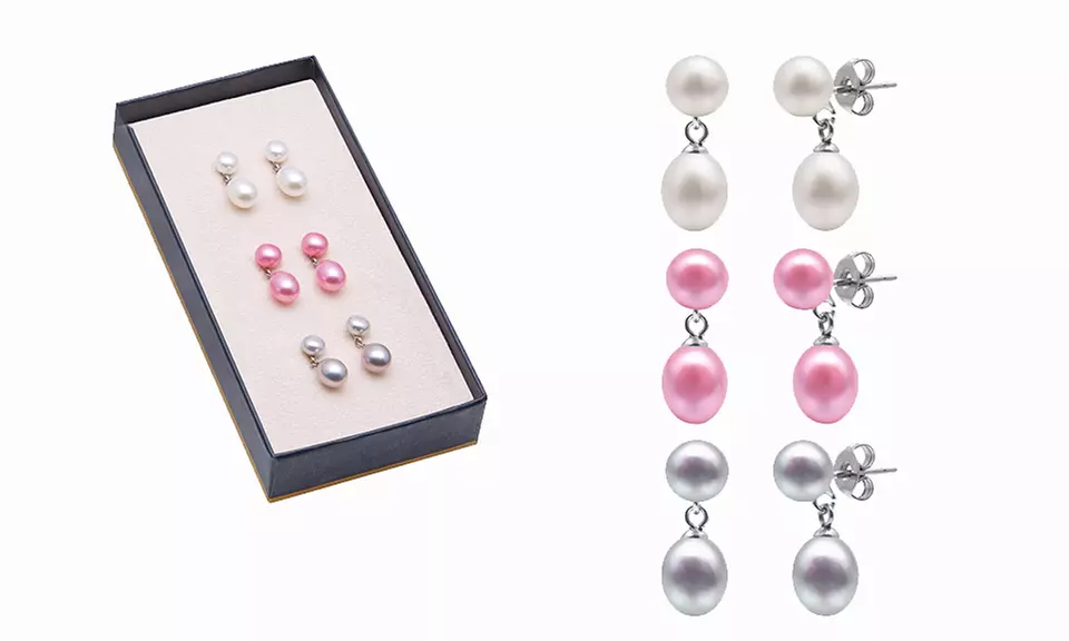 Ensemble de 3 paires de boucles d'oreilles perles d'eau douce en forme de gouttes d’eau de 8 ou 9 mm - Second Medium