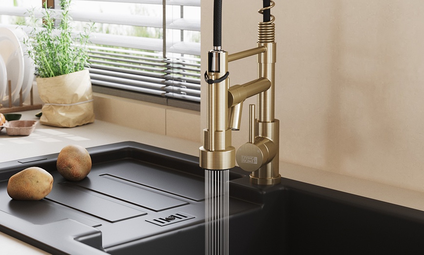 Image 3: Brushed Gold Stainless Steel Kitchen Faucet with Pull Down Spring 