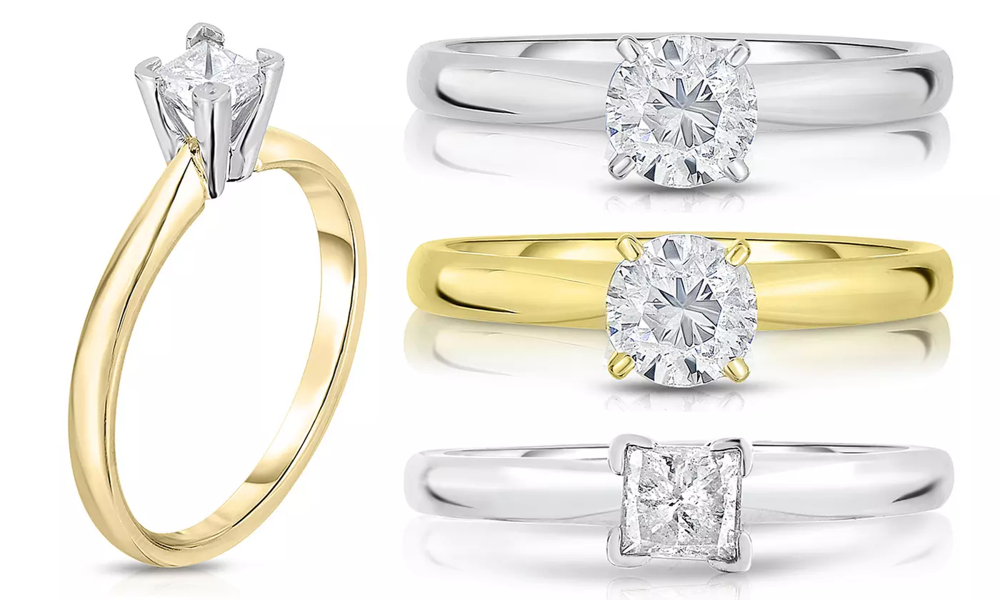 1/2 CTTW Certified Round or Princess Cut Diamond Solitaire Rings in 14K White or Yellow Gold by Diamond Affection - Primary Image