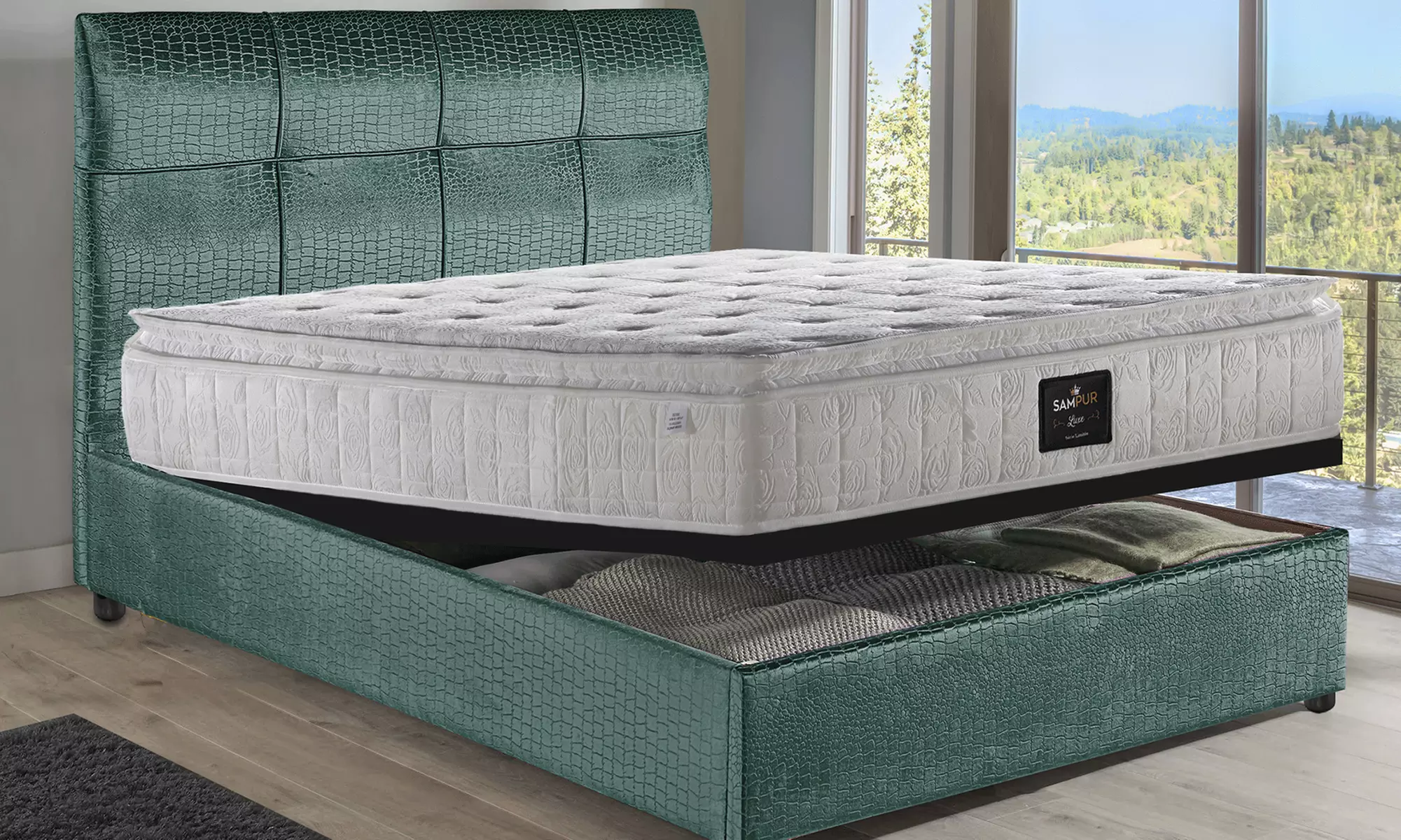 Lit coffre "Safari" en velours au design crocodile, matelas "Opéra" 30 cm en option, Sampur, livraison gratuite - Primary Image