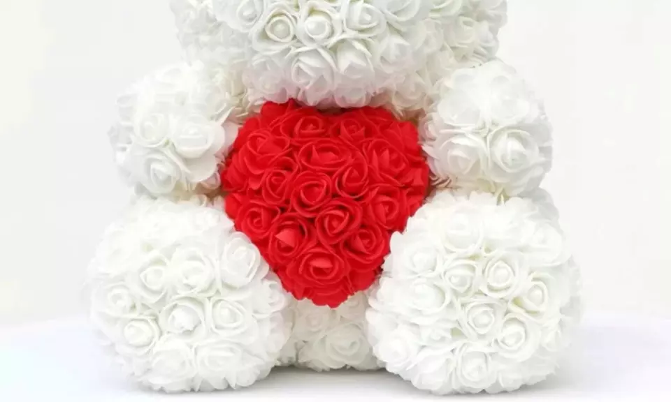 Ours en rose avec cœur dans sa boîte de Promo Linge