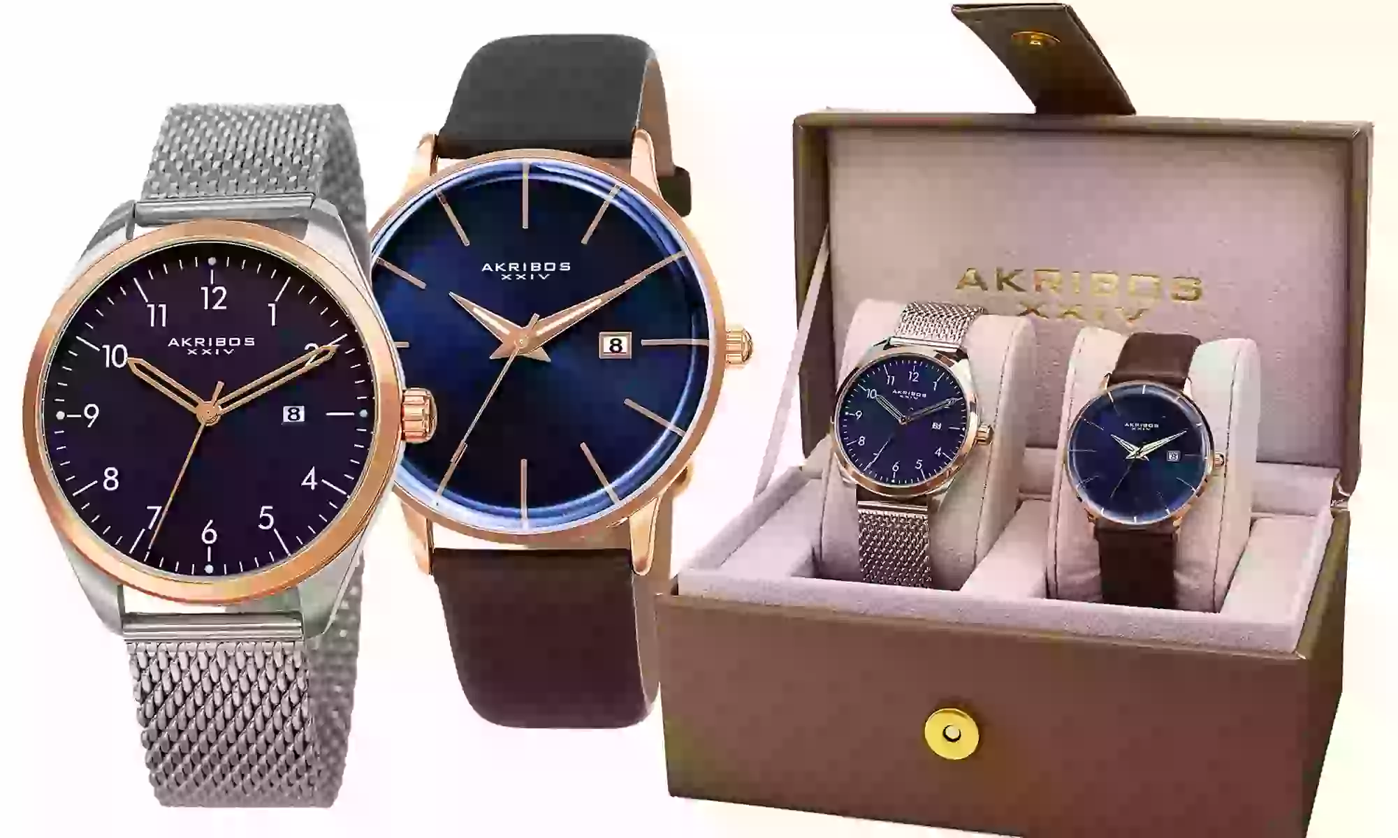 Akribos XXIV (2-Pc) Men’s Steel Mesh And Leather Watch Gift Set - Second Medium