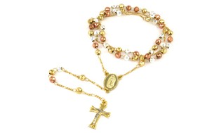 Tri Color Diamond Cut Rosary Necklace