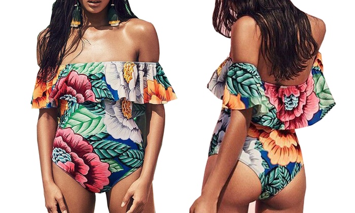 floral off the shoulder one piece swimsuit