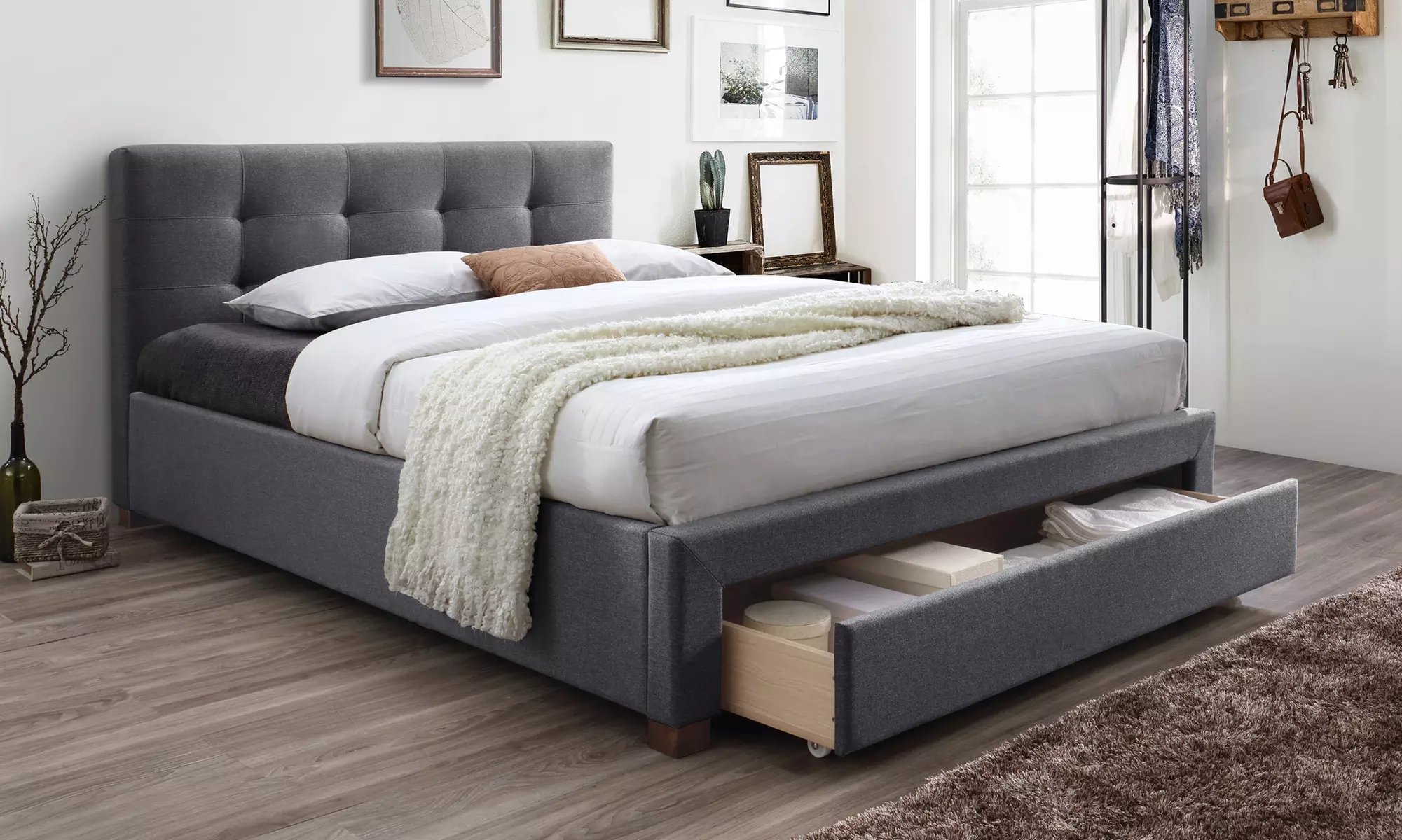 Brandy Grey Fabric Upholstered King-size Storage Platform Bed - Primary Image