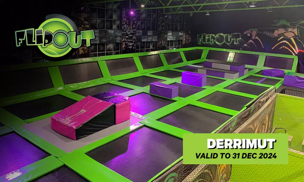 Entry: 1 ($12) or 2 Hrs for 1 Person ($20), or Family Pass ($40) @ Flip Out - Derrimut, $3.50 Socks Not Included - Second Medium