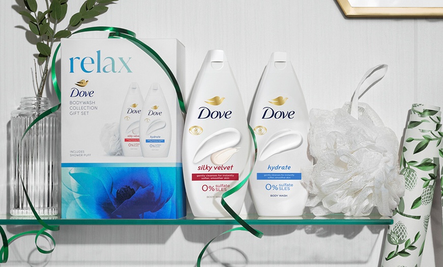 Image 1: Upto Four Dove Relax Two-Pieces Gift Set with Shower Puff 