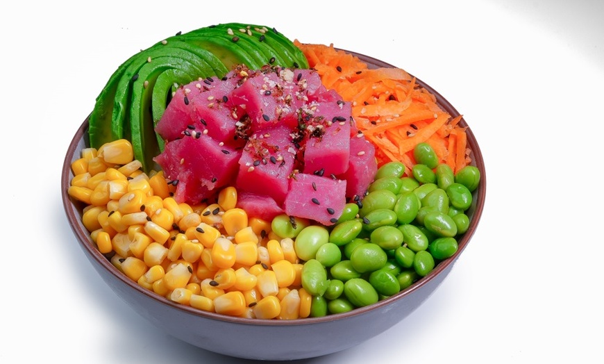 Image 1: Medium Signature Poke Bowl with Optional Lentil Soup & Detox Smoothie