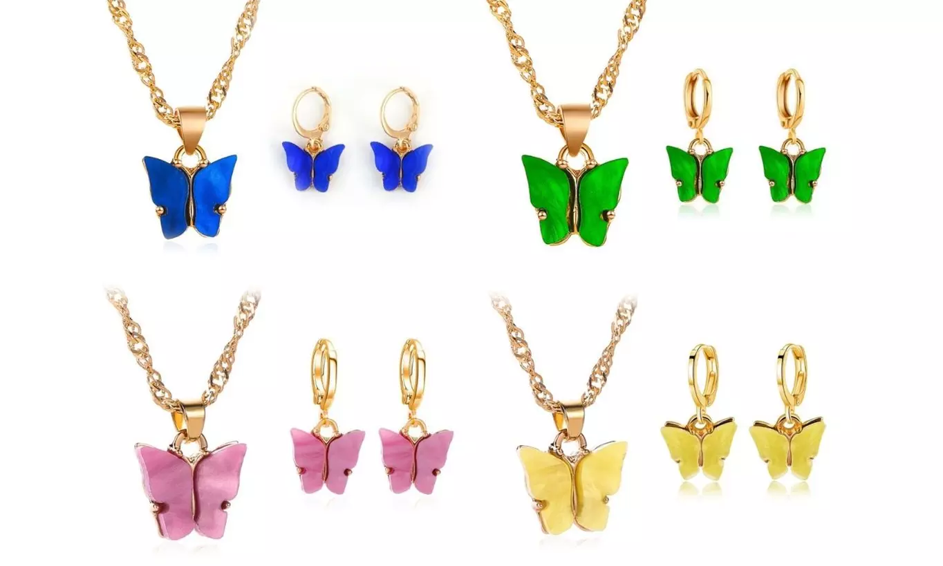 Parure collier et boucles d'oreilles "papillon", divers coloris - Primary Image