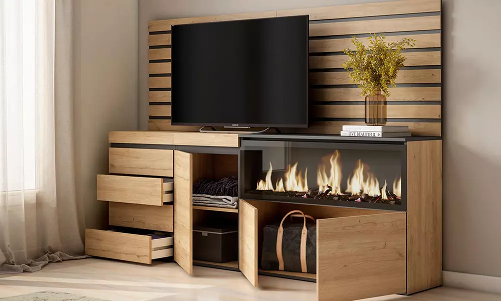 Buffet avec rangement, foyer électrique à LED, option avec tiroirs ,coloris au choix