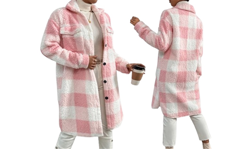 Image 6: Women's Plaid Teddy Long Sleeved Coat 