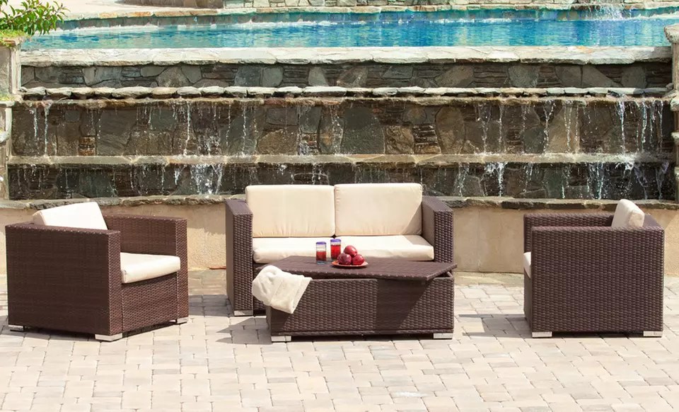 Westlake Brown Wicker Outdoor-Furniture Set with Sofa, 2 Chairs, and Storage Ottoman - Primary Image