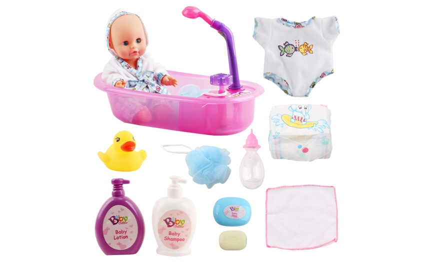 Image 2: 13'' Bath Time Baby Play Set with Working Shower Spray and Accessories