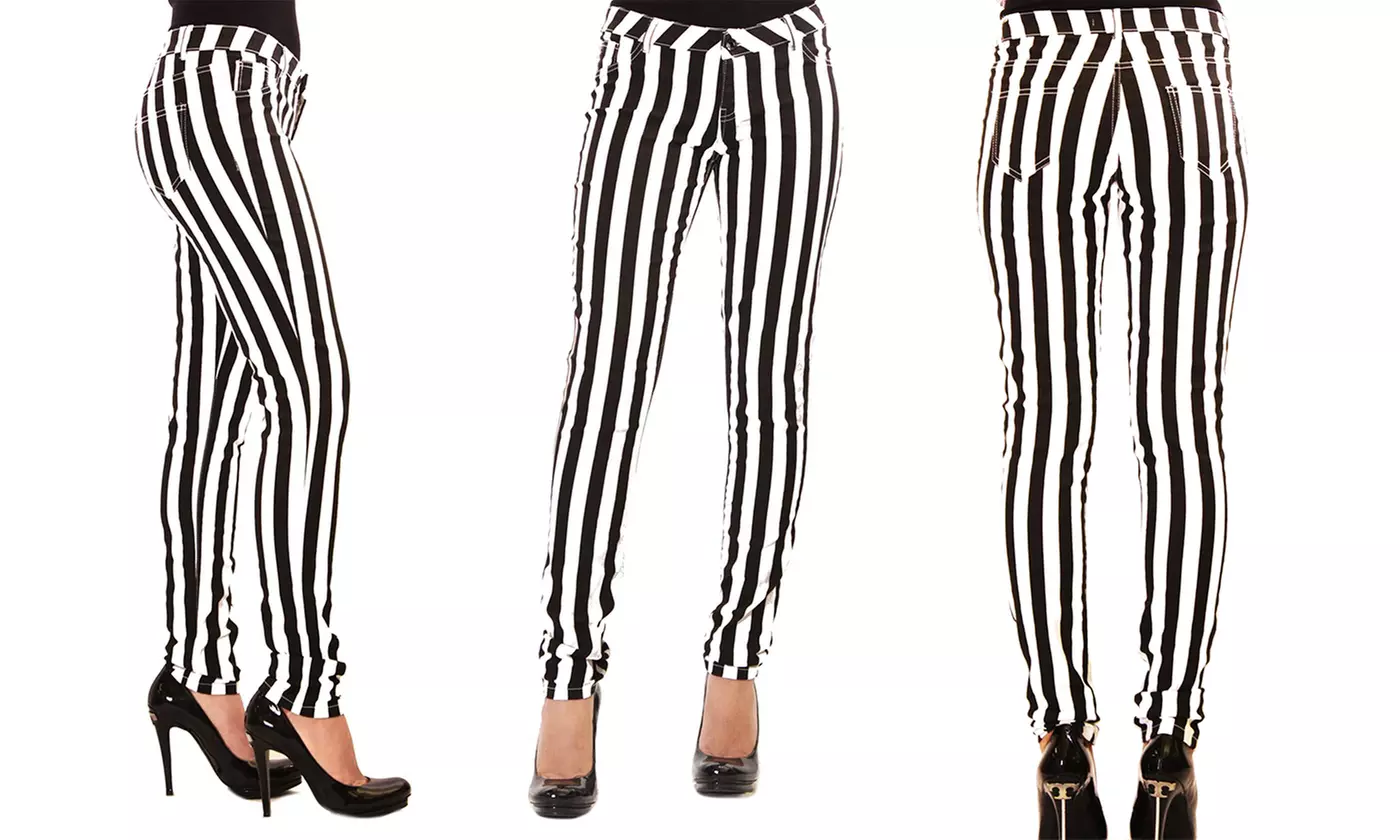 Women's Black and White Striped Skinny Pants - Primary Image