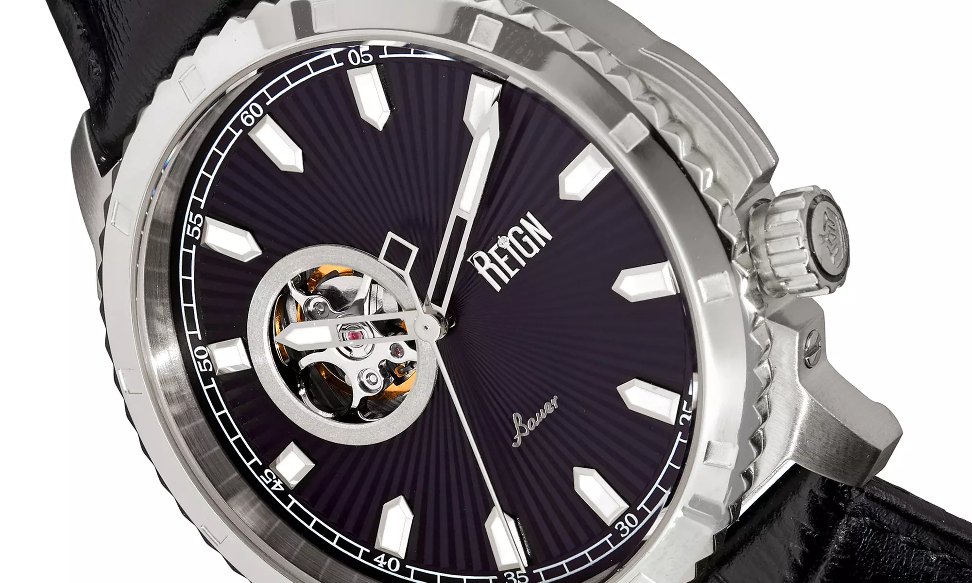 Reign Bauer Automatic Semi-Skeleton-Uhr mit Leder-Armband
