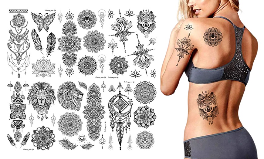 Image 1: Set of Six Sheets of Black Temporary Tattoos for Adults