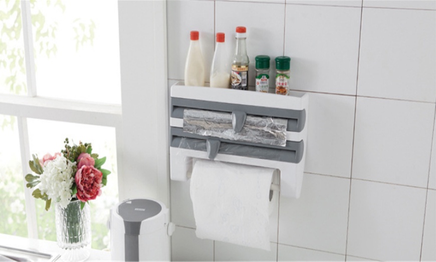 Image 2: Four-in-One Cling Film Cutting Holder Multifunction Kitchen Organiser