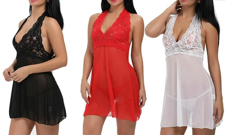 Fino a 3 babydoll in pizzo con perizoma, disponibili in 4 colori e 3 taglie
