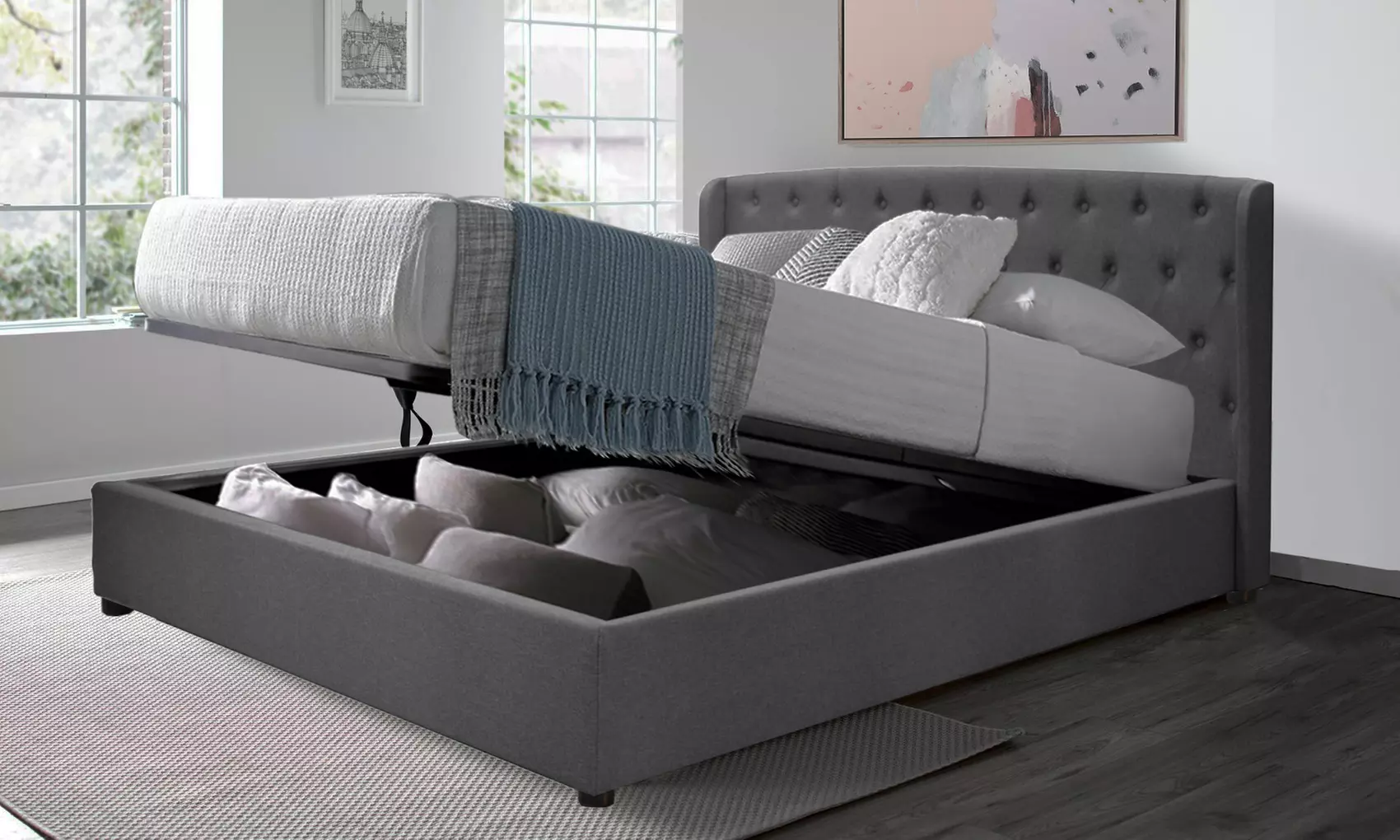 Lit coffre ''Sherwood'' en tissu, avec grand espace de rangement, matelas en option, Sampur, livraison offerte - Primary Image