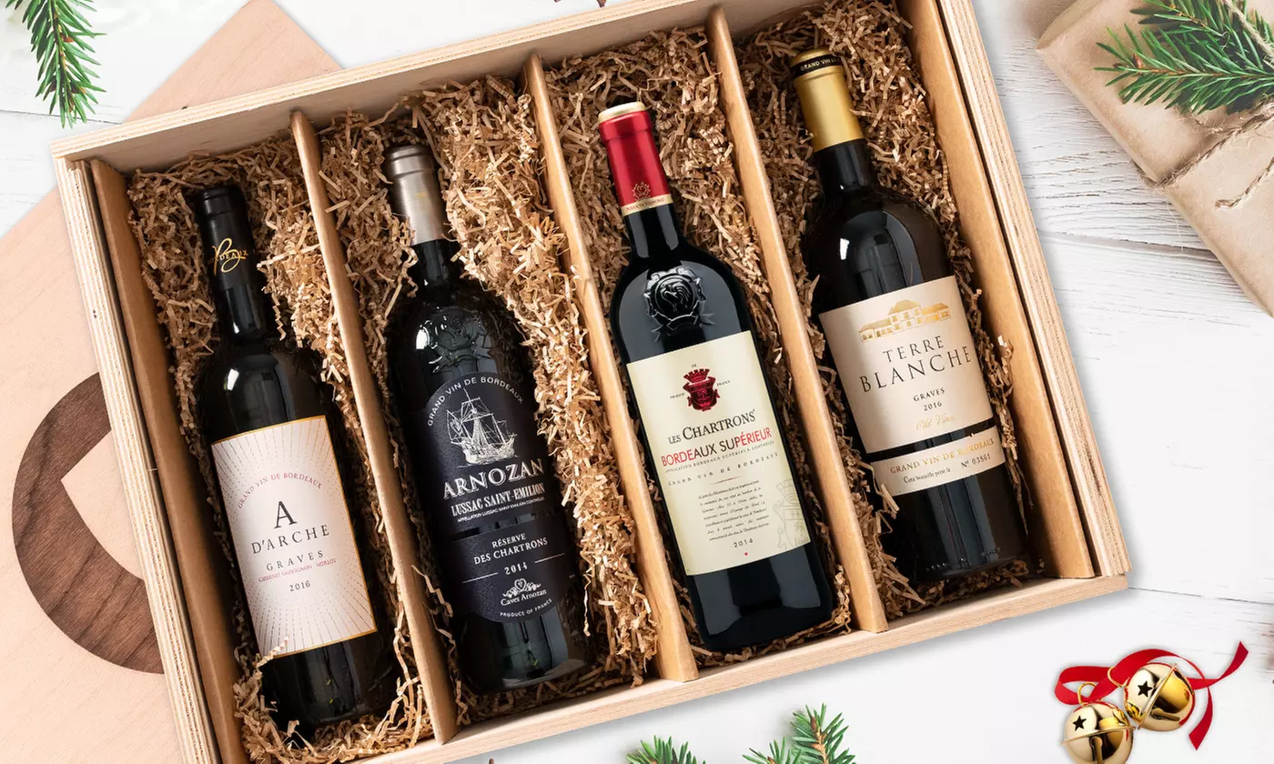 Four Pack of Bordeaux Wines with Wooden Box Collectors Crate from Wine Insiders (Up to 67% Off) - Primary Image