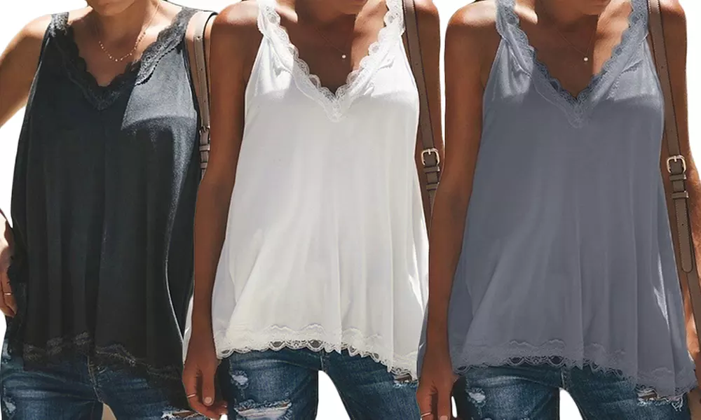 1 ou 2 tops pour femme liseret dentelle, col V - Primary Image