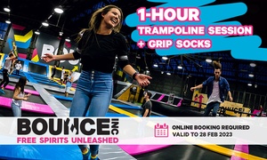 1-Hr Trampoline Session with Grip Socks at BOUNCE, Multiple Locations