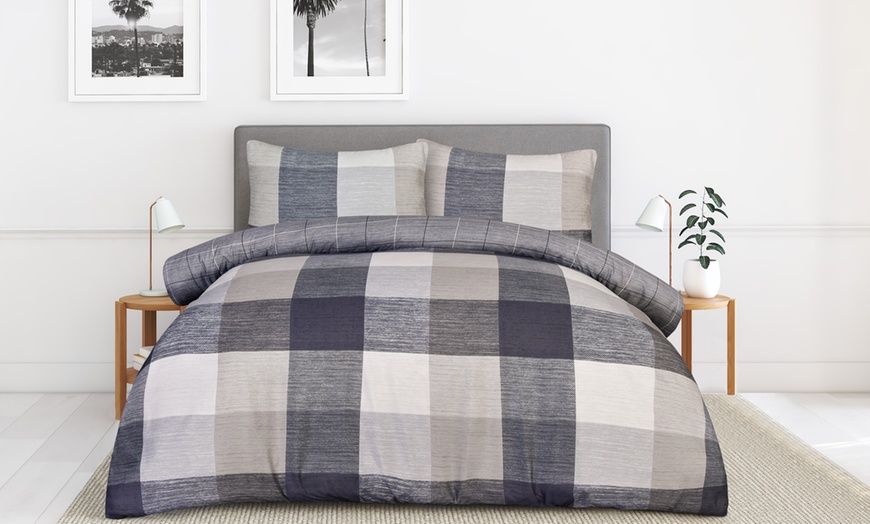 Image 1: Super Soft Easy Care Block Check Reversible Duvet Cover Set