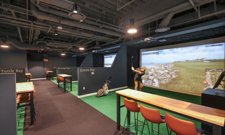 Image 1: Swing By for a 1 or 2 Hr Golf Simulator Experience for up to 4 People!