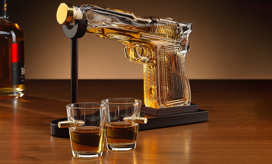 Image 1: Connoiseur Creations Gun Decanter and Glasses Set