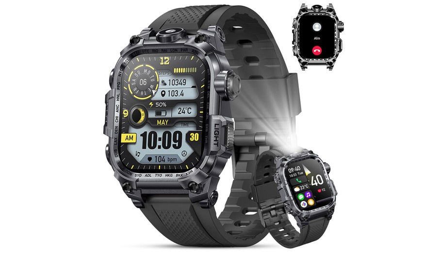 Image 2: Smart Watch with LED Flashlight for Men