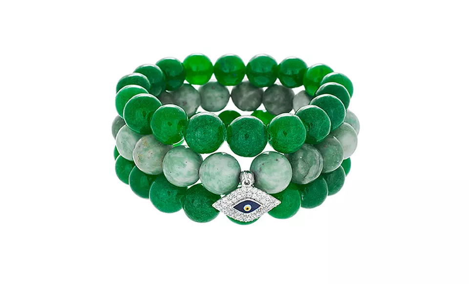 3-Piece Glass-Bead Bracelet Set with Cubic-Zirconia Evil-Eye Charm. - Second Medium