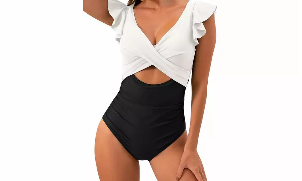 Women's Ruffle Cutout One Piece V-Neck Swimsuit