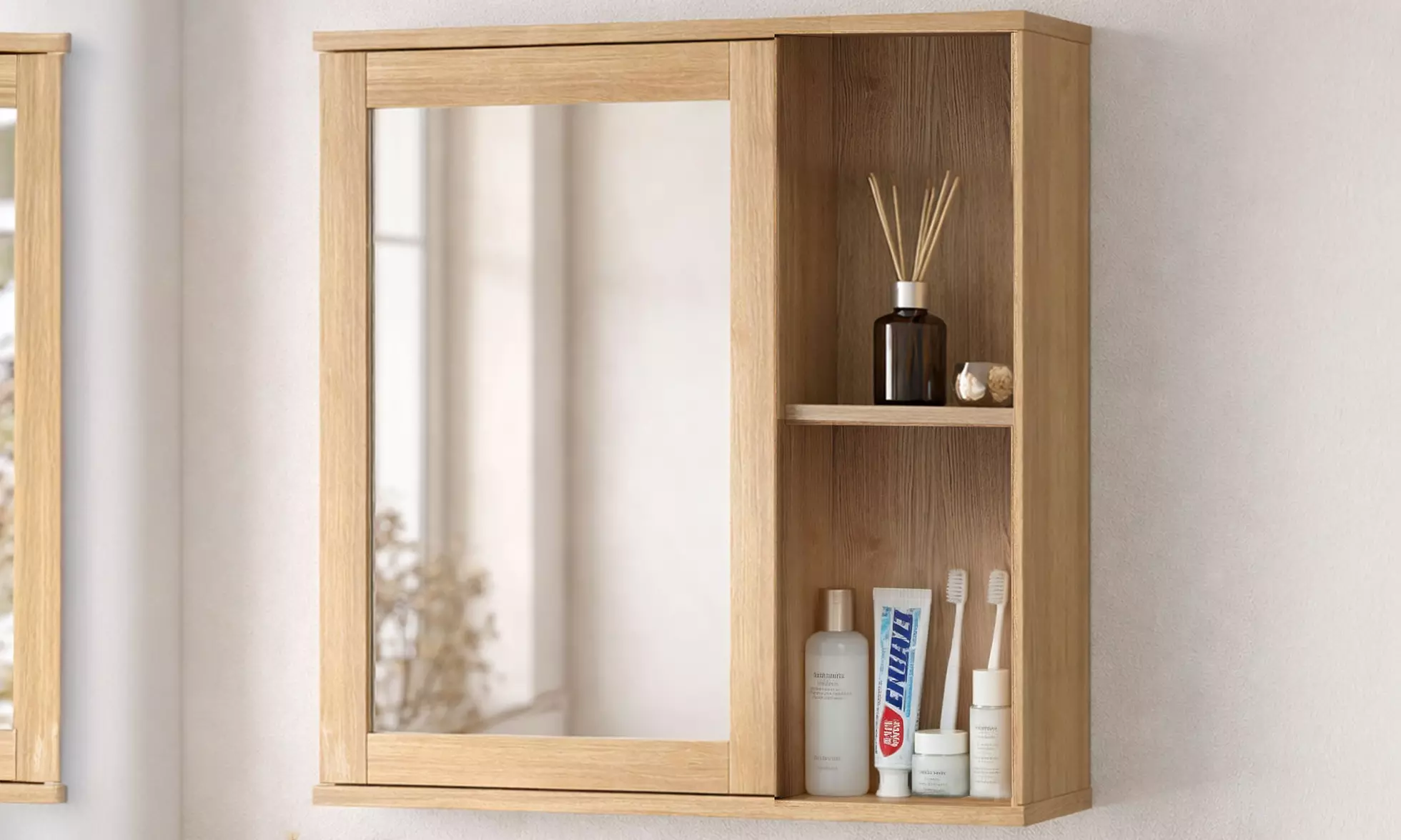 Levede Oak Finish Wall Mounted Mirror Cabinet with Open Shelves