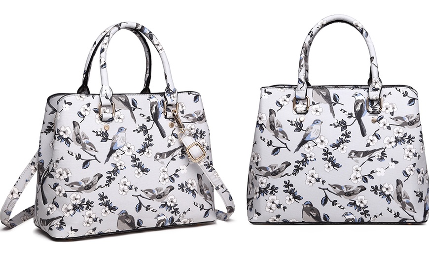 Image 8: Matte Bird Print Tote Handbag