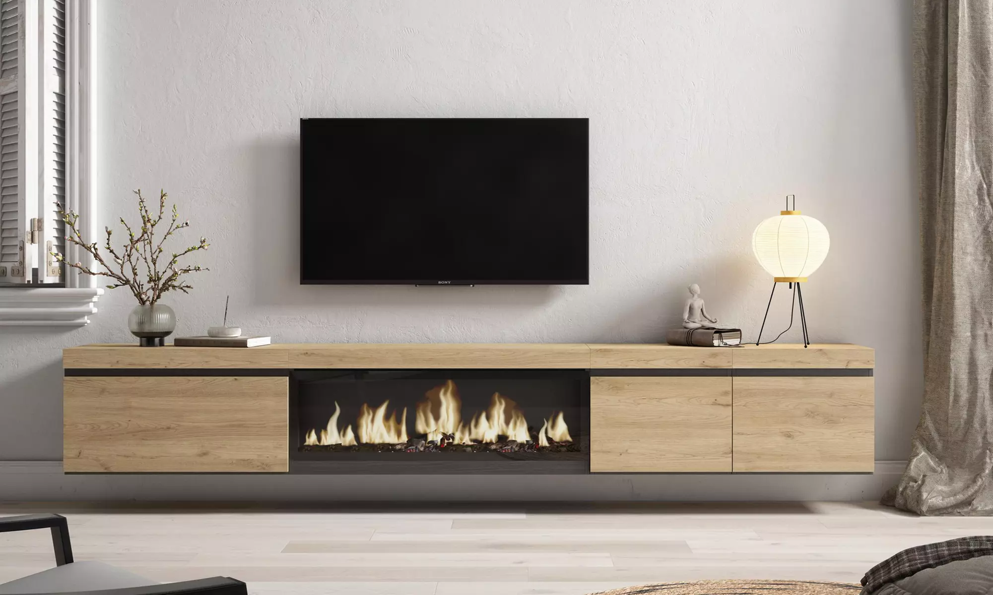 Hängender TV-Schrank 320 cm od. TV-Schrank 288 cm + elektrischer Kamin