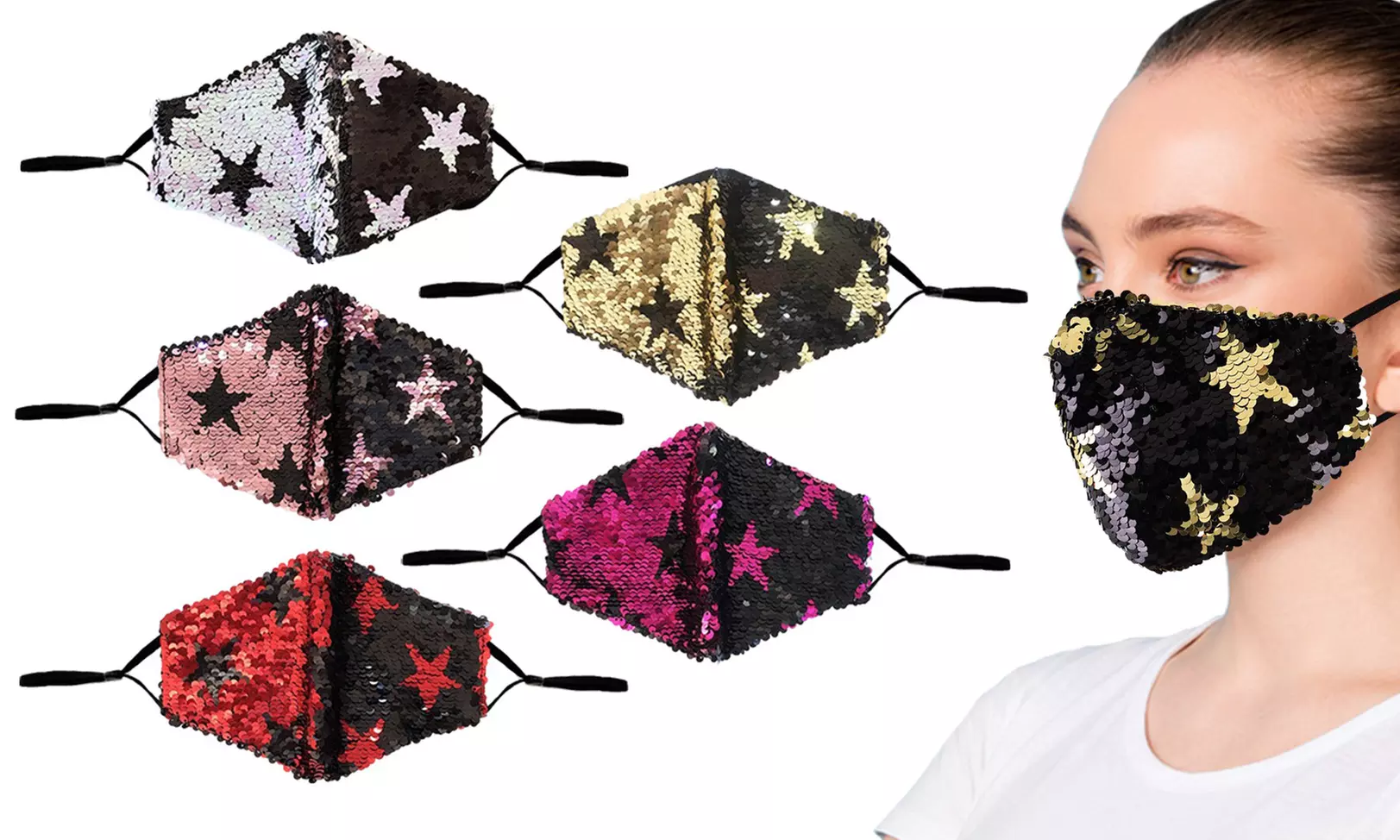 5-Pack: Reversible Sequin Star Struck Cotton Face Masks w/ Adjustable Ear Loops