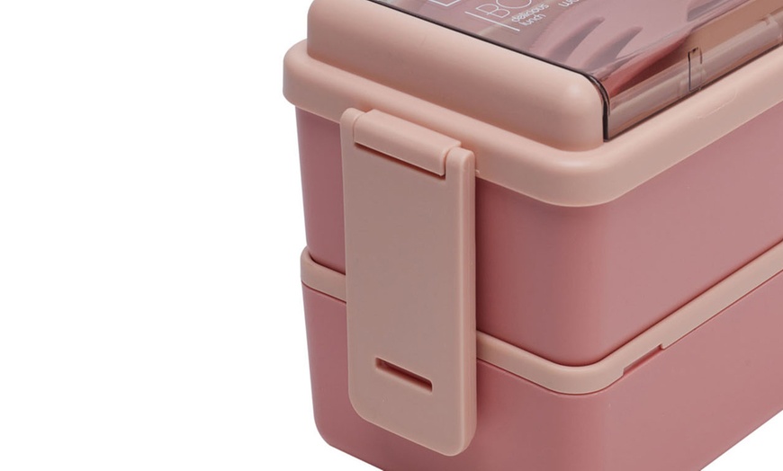 Image 8: Dual-Layer Plastic Bento Lunch Box with Cutlery