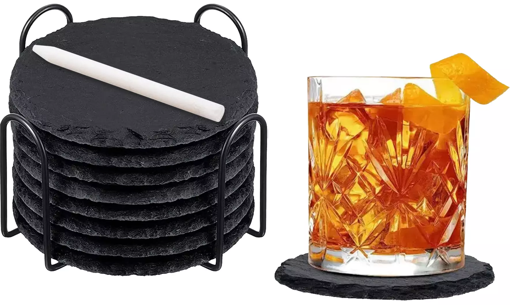 Set di 8 sottobicchieri rotondi in ardesia con supporto metallico