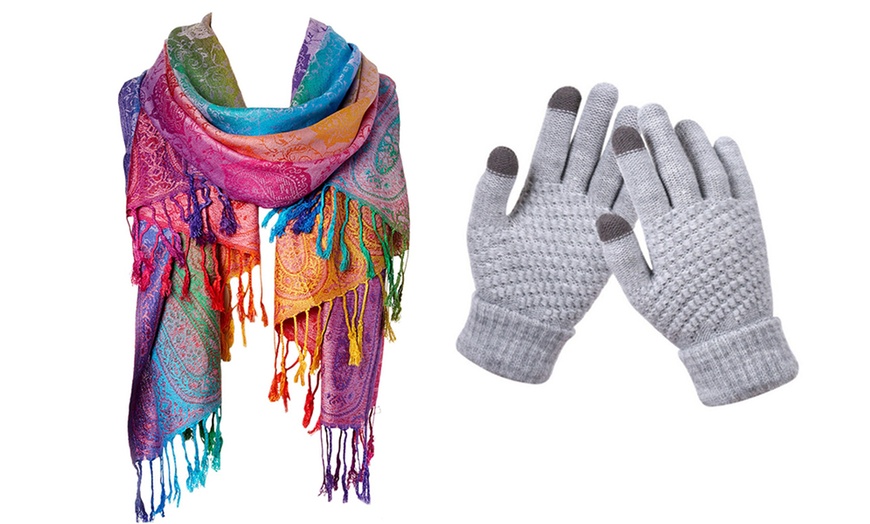 Image 9: Gants à fonction tactile ou écharpe à franges avec motif cachemire