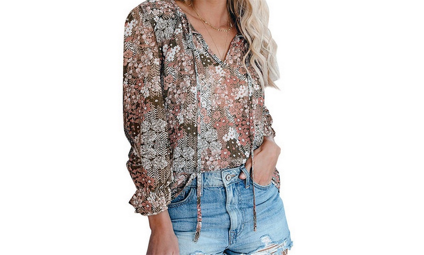 Image 5: Women's V-Neck Floral Chiffon Blouse