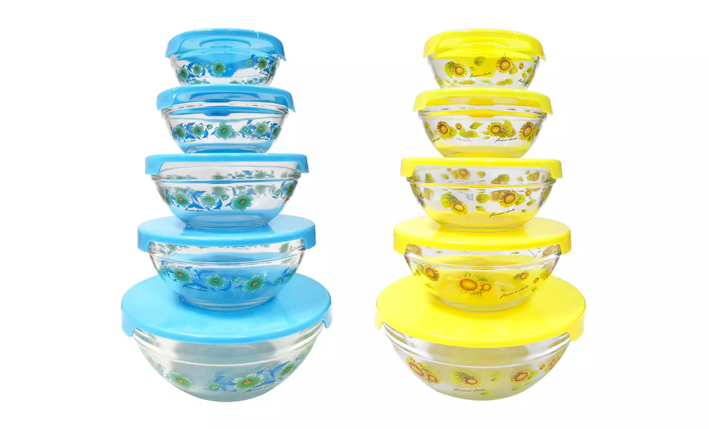 Set of 5 Printed Glass Bowls with Lids in Blue Flower or Yellow Sunflower Pattern. Free Returns. - Primary Image