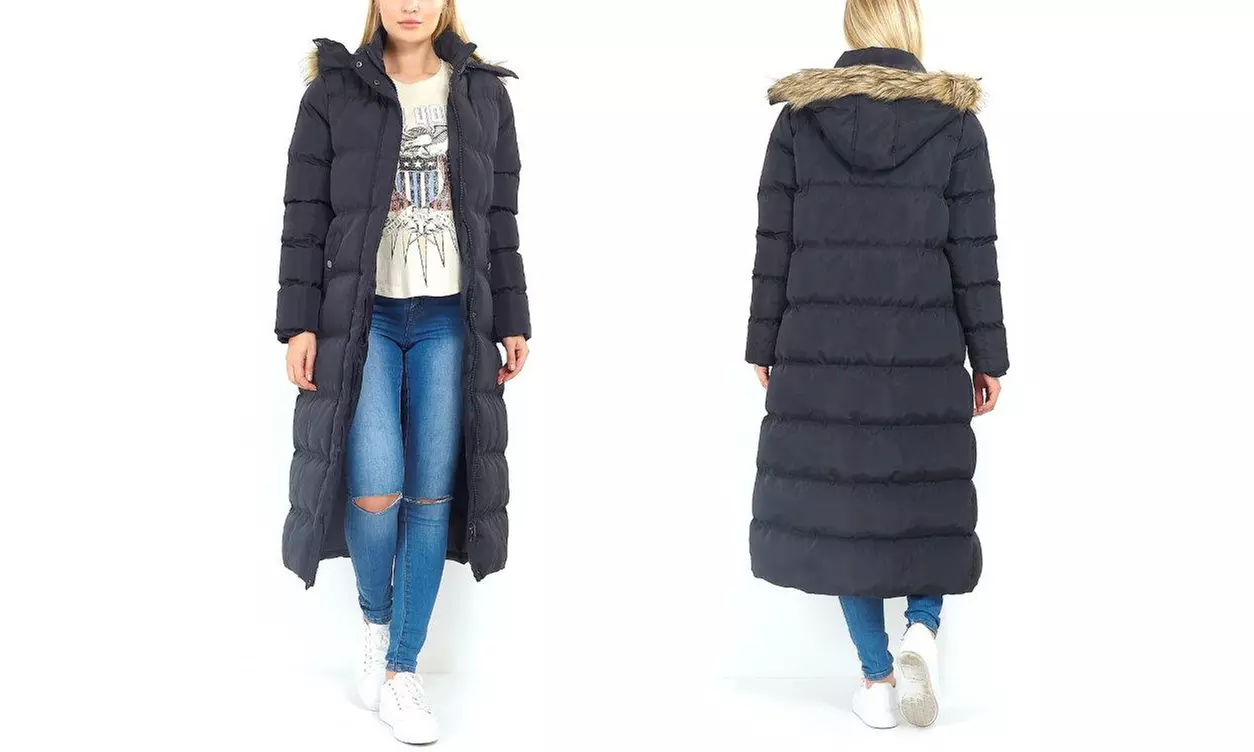 Brave Soul Faux Fur Trim Hooded Maxi Coat With Free Delivery - Primary Image