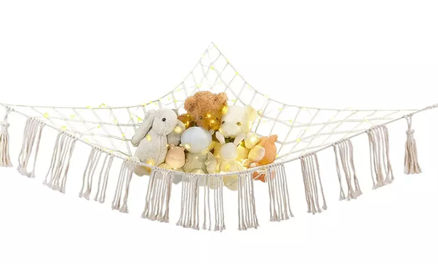 Image 2: Tassels Boho Plush Toy Hammock with String Light